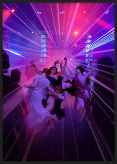 Tableau pop-art avec figures de la Renaissance dansant sur une piste aux lumières néon, ambiance décorative audacieuse et contemporaine. Disponible sur kudeko.com