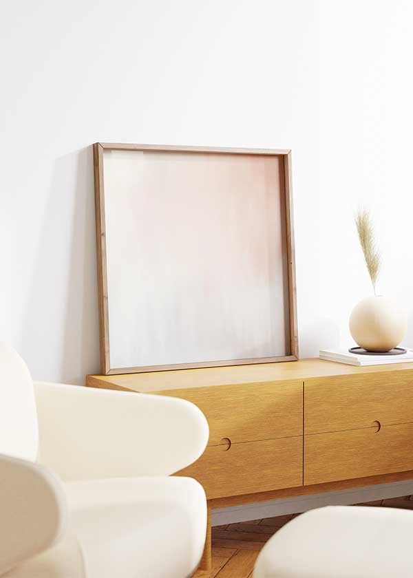 Quadratisches Wandbild abstrakt in Pfirsich- und Weißtönen, minimalistischer Stil für zeitgenössische Dekoration. Erhältlich auf kudeko.com