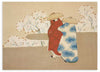 Cuadro horizontal japonés con dos figuras y árboles en flor estilo Japandi, kudeko.com
