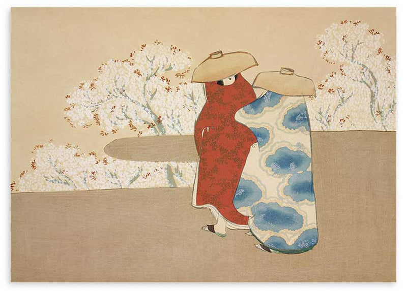 Cuadro horizontal japonés con dos figuras y árboles en flor estilo Japandi, kudeko.com
