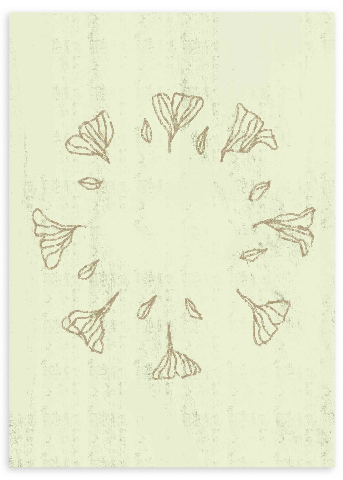 Cuadro con composición circular de hojas y flores estilizadas en beige sobre fondo verde claro, de estilo floral sereno y delicado. Disponible en kudeko.com