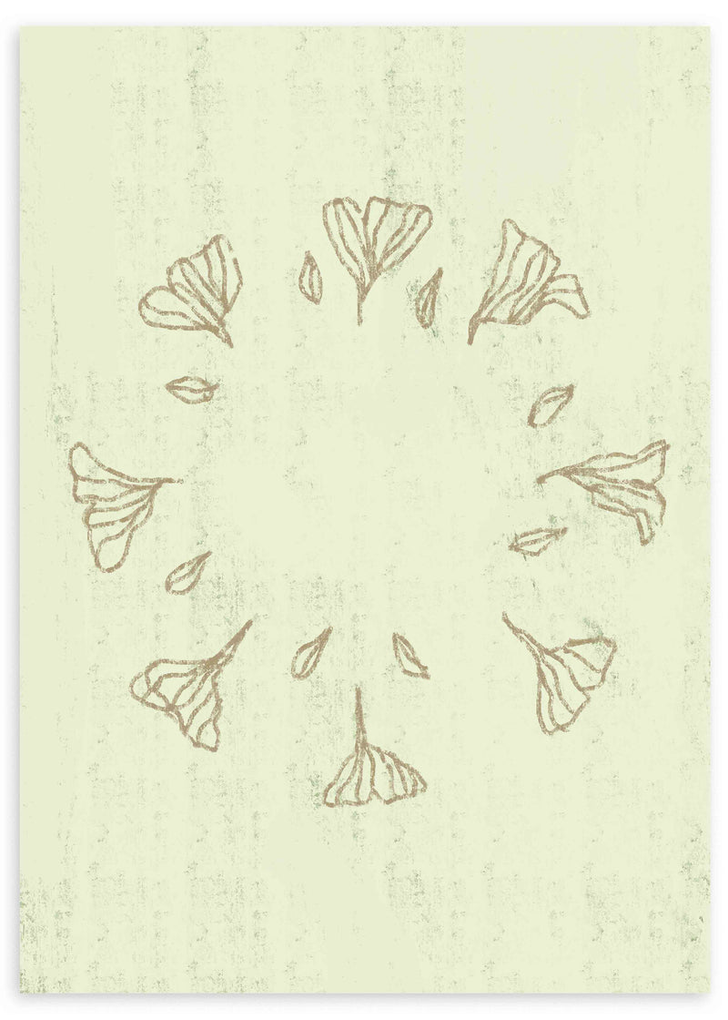 Cuadro con composición circular de hojas y flores estilizadas en beige sobre fondo verde claro, de estilo floral sereno y delicado. Disponible en kudeko.com