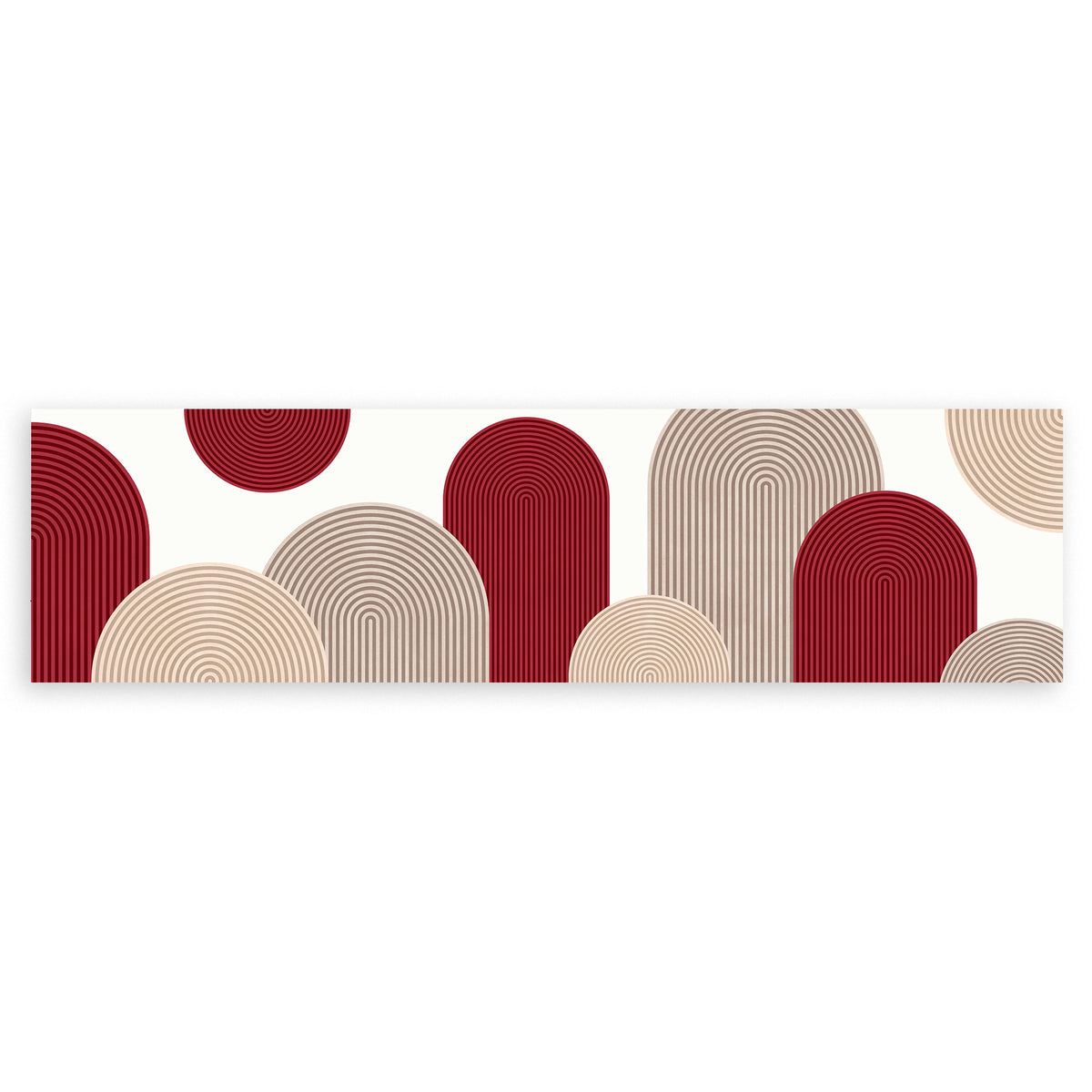 Quadro horizontal geométrico com arcos em tons de bordô e bege, estilo decorativo simples e equilibrado. Disponível em kudeko.com