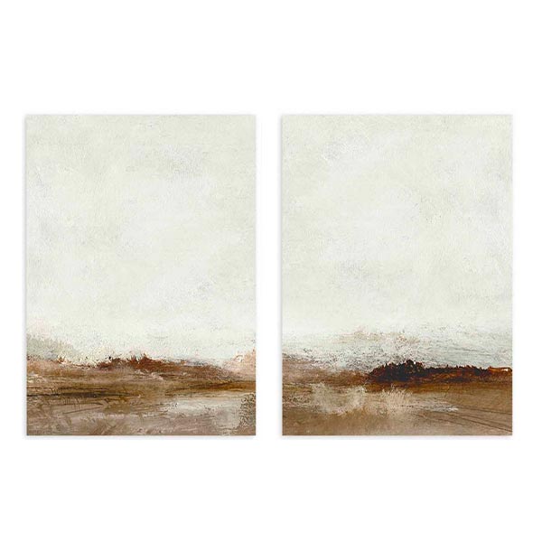 Conjunto de dos cuadros con horizonte abstracto en blanco roto, beige, marrón tierra y detalles oscuros, composición serena de estilo abstracto. Disponible en kudeko.com