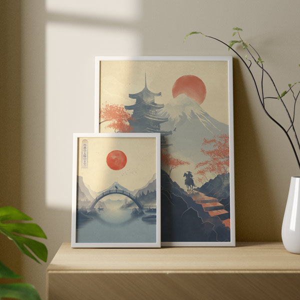 Cuadro japonés con monte Fuji, puente y sol rojo estilo Japandi, kudeko.com
