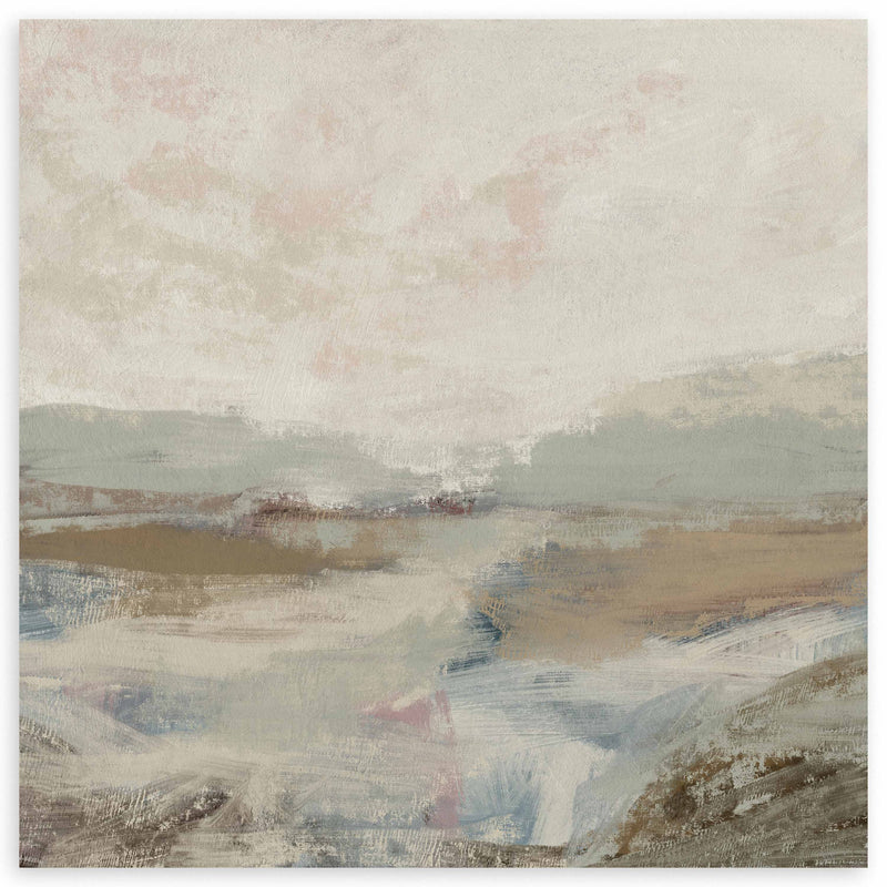 Quadratisches Wandbild mit abstrakter Landschaft, verschwommenem Horizont in Beige, Hellgrau, Off-White, pudrigem Rosa und sanftem Blau, im ruhigen abstrakten Stil. Erhältlich auf kudeko.com