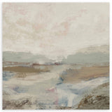 Cuadro cuadrado con paisaje abstracto de horizonte suave en tonos beige, gris claro, blanco roto, rosa empolvado y azul tenue, de estilo abstracto. Disponible en kudeko.com