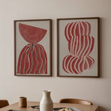 Conjunto de dos cuadros geométricos en tonos terracota y beige con líneas blancas, kudeko.com
