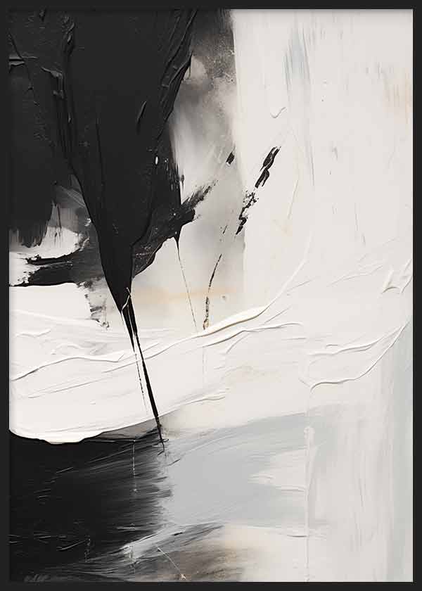 Cuadro con composición abstracta en negro, blanco y gris, de contraste marcado y estética sobria, con formas amplias y textura visual contemporánea. Disponible en kudeko.com
