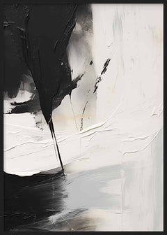 Cuadro con composición abstracta en negro, blanco y gris, de contraste marcado y estética sobria, con formas amplias y textura visual contemporánea. Disponible en kudeko.com