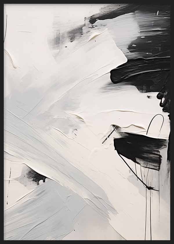 Cuadro con composición abstracta en blanco, gris suave y negro, con manchas amplias, líneas sueltas y fuerte contraste visual de estilo abstracto. Disponible en kudeko.com