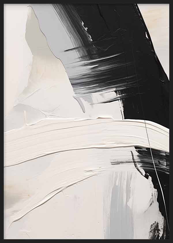 Cuadro con composición abstracta en negro, blanco roto y gris suave, con amplias franjas curvas y contraste elegante de estilo abstracto. Disponible en kudeko.com