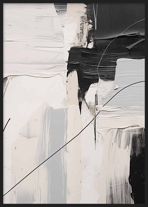 Cuadro composición abstracta en blanco, negro, gris y beige, con bloques amplios, textura marcada y líneas curvas finas de estilo abstracto. Disponible en kudeko.com