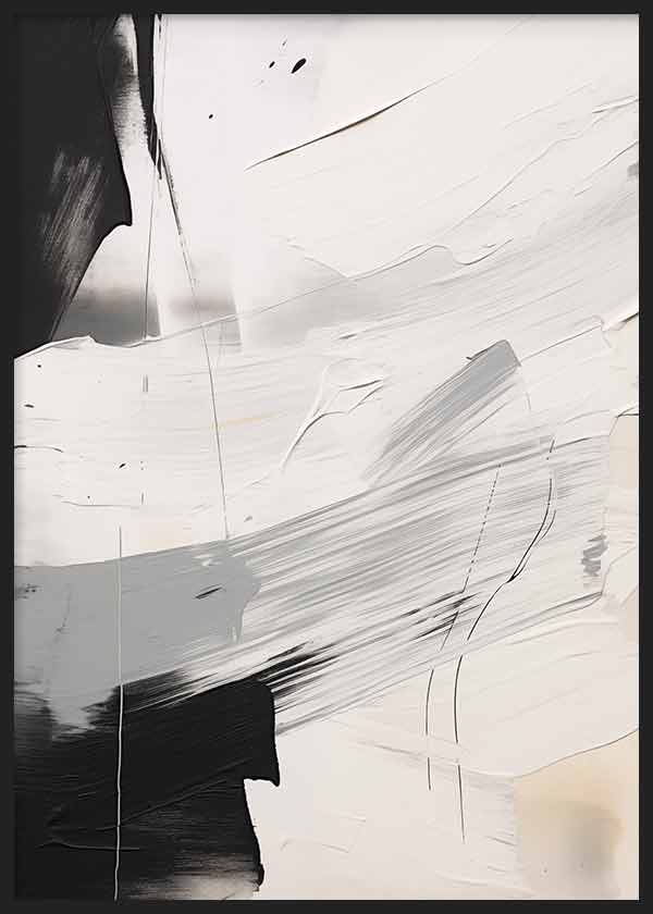 Cuadro con composición abstracta en negro, blanco y gris, con trazos amplios, líneas finas y contraste marcado de estilo abstracto. Disponible en kudeko.com