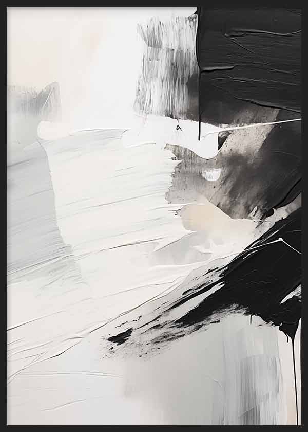 Cuadro con composición abstracta en blanco, negro y gris, con manchas amplias, contrastes intensos y acabado contemporáneo de estilo abstracto. Disponible en kudeko.com