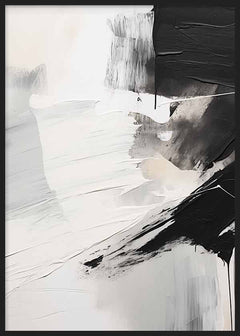 Quadro com composição abstrata em branco, preto e cinzento, manchas amplas, contrastes marcados e estilo contemporâneo minimalista para decoração de parede. Disponível em kudeko.com