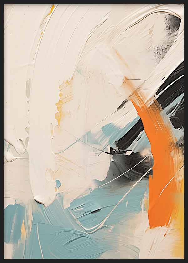 Cuadro con composición abstracta en blanco roto, azul cielo, negro y naranja intenso, con formas amplias, líneas curvas y contraste contemporáneo de estilo abstracto. Disponible en kudeko.com