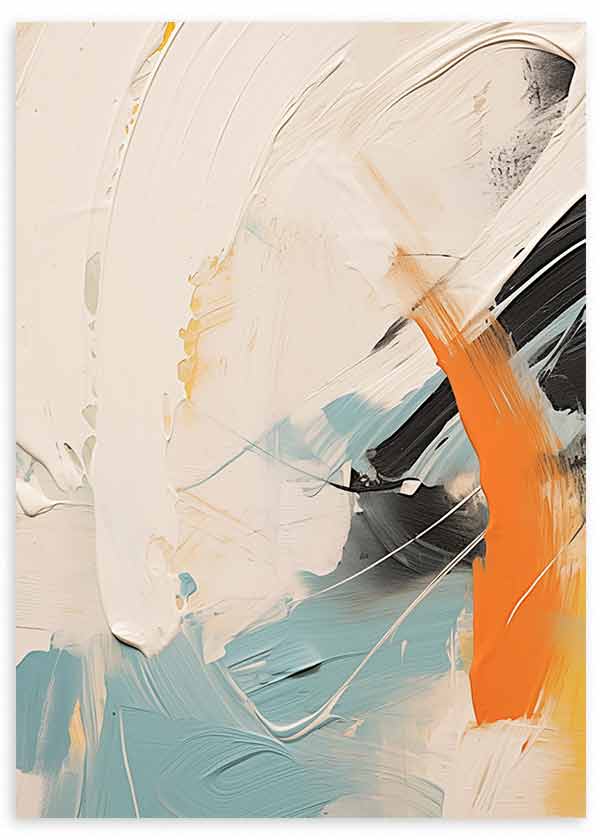 Cuadro con composición abstracta en blanco roto, azul cielo, negro y naranja intenso, con formas amplias, líneas curvas y contraste contemporáneo de estilo abstracto. Disponible en kudeko.com