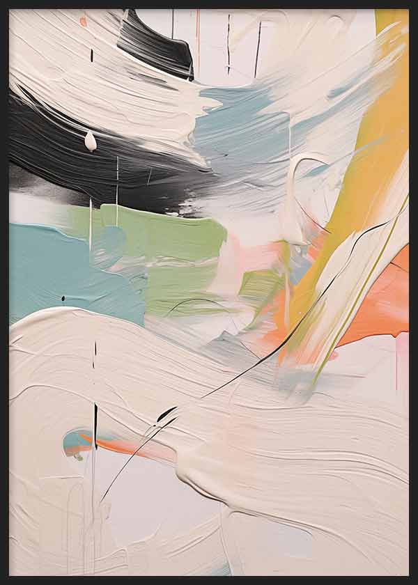 Cuadro con composición abstracta en blanco, negro, azul suave, verde claro, amarillo mostaza y coral, con formas fluidas y líneas finas de estilo abstracto. Disponible en kudeko.com