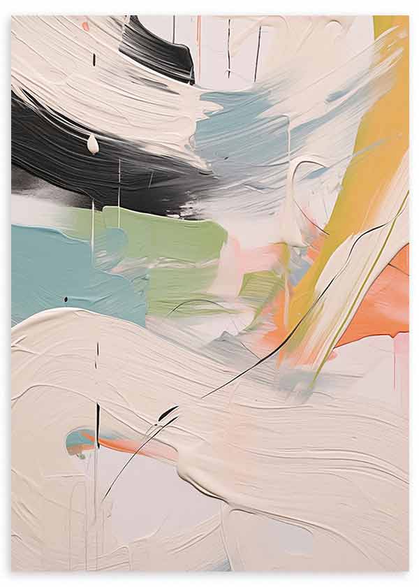 Tableau avec composition abstraite en blanc, noir, bleu grisé, vert doux, jaune moutarde et corail, avec formes fluides, lignes fines et style contemporain sur fond clair. Disponible sur kudeko.com