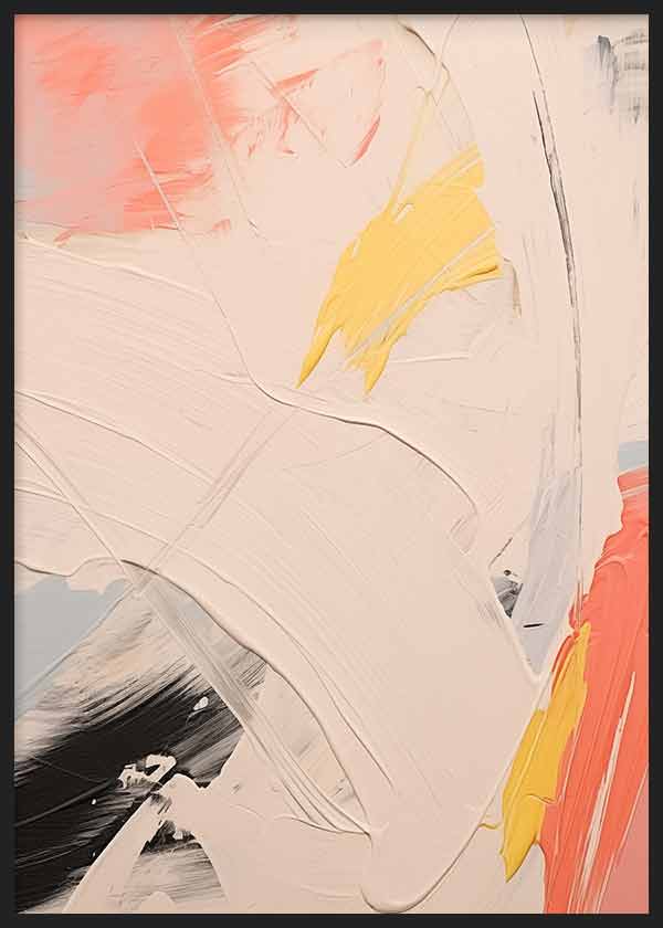 Cuadro con composición abstracta en beige empolvado, coral, amarillo mostaza, negro y gris, de estilo abstracto y apariencia moderna. Disponible en kudeko.com