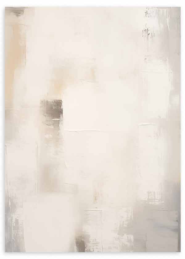 Tableau avec composition abstraite de blocs doux en beige, crème, gris clair et blanc cassé, avec finition vaporeuse et style abstrait épuré. Disponible sur kudeko.com