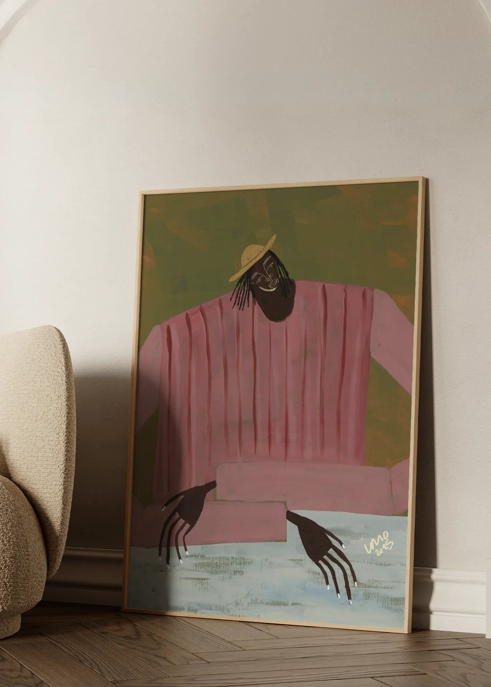 Cuadro decorativo de estilo minimalista y orgánico colocado en salón, retrato ilustrado moderno y relajado, modelo For Now I Don't Know