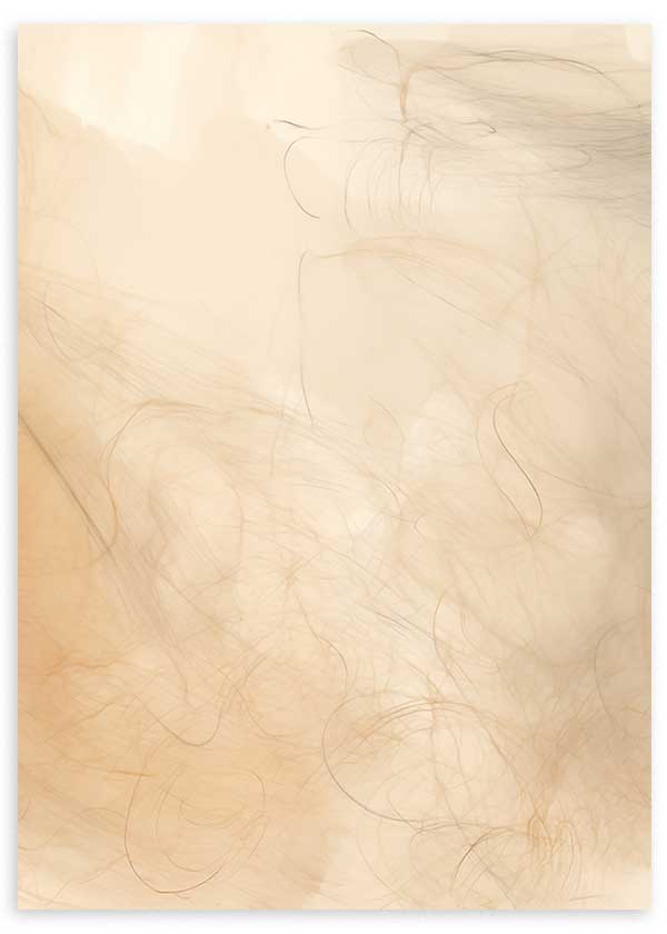 Tableau abstrait avec lignes organiques diffuses en tons beige, sable et crème, composition douce au style contemporain et épuré. Disponible sur kudeko.com
