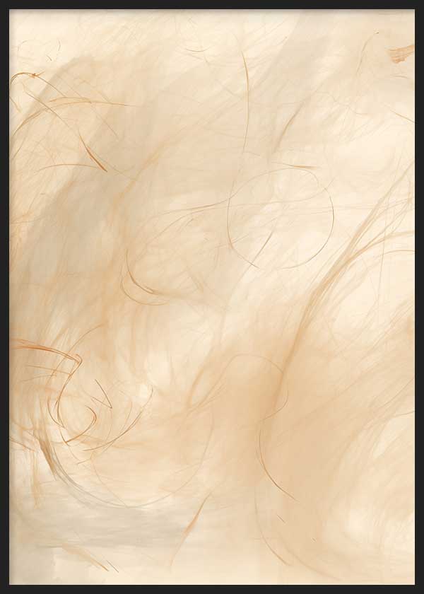 Gerahmtes abstraktes Wandbild mit feinen Linien, diffusen Formen und weichem Hintergrund in Creme, Beige und Sand, im ruhigen, reduzierten Stil. Erhältlich auf kudeko.com