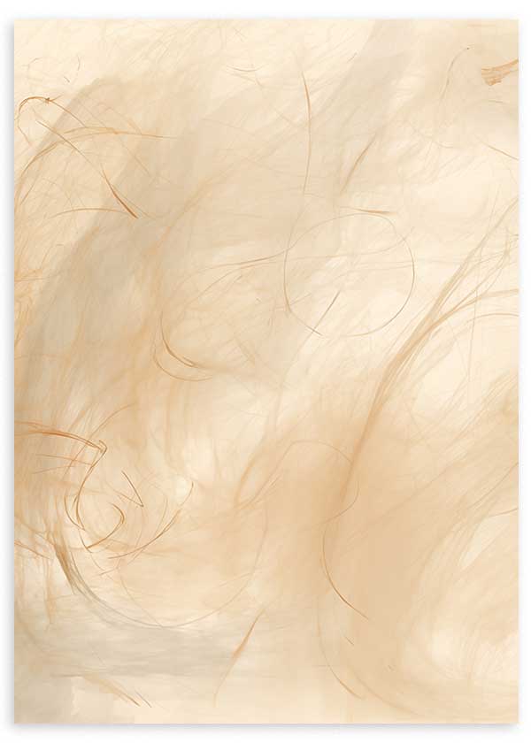 Cuadro con composición abstracta de líneas finas y formas difusas en tonos crema, beige y arena, de estilo abstracto. Disponible en kudeko.com