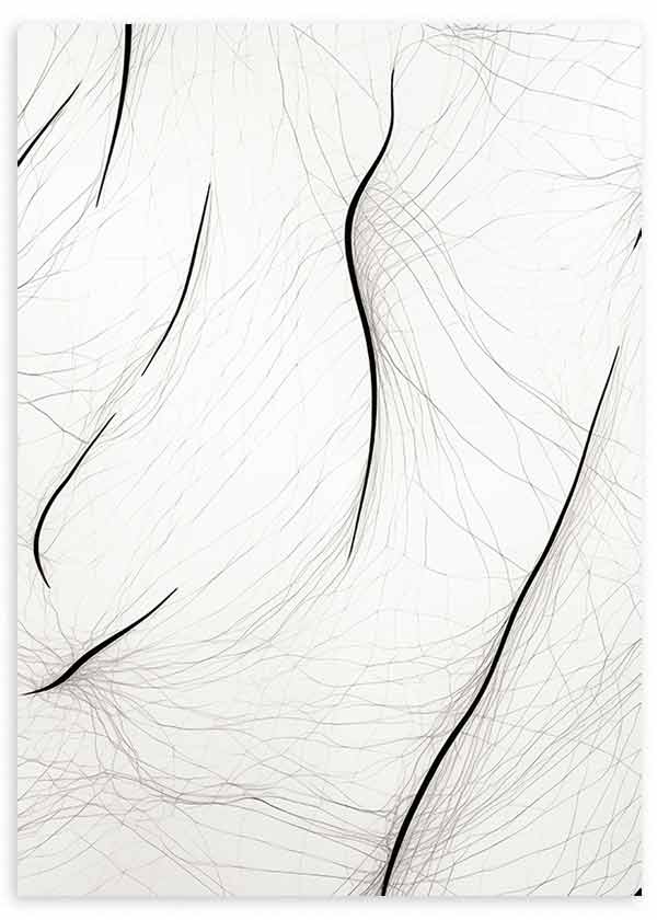 Cuadro de líneas negras curvas sobre fondo blanco con finos trazos grises entrelazados, composición abstracta de estilo minimalista. Disponible en kudeko.com