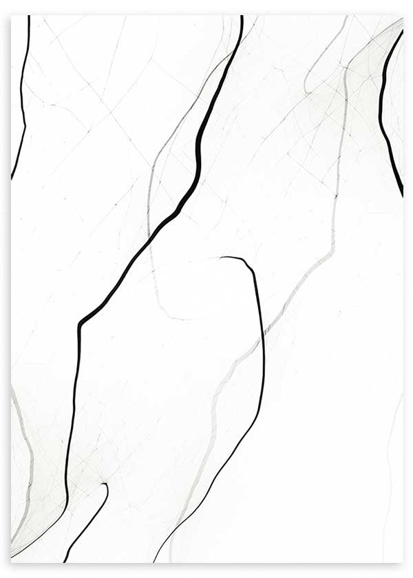 Tableau encadré avec lignes organiques noires, traits gris subtils sur fond blanc, composition abstraite au style léger et élégant, décoration murale contemporaine. Disponible sur kudeko.com