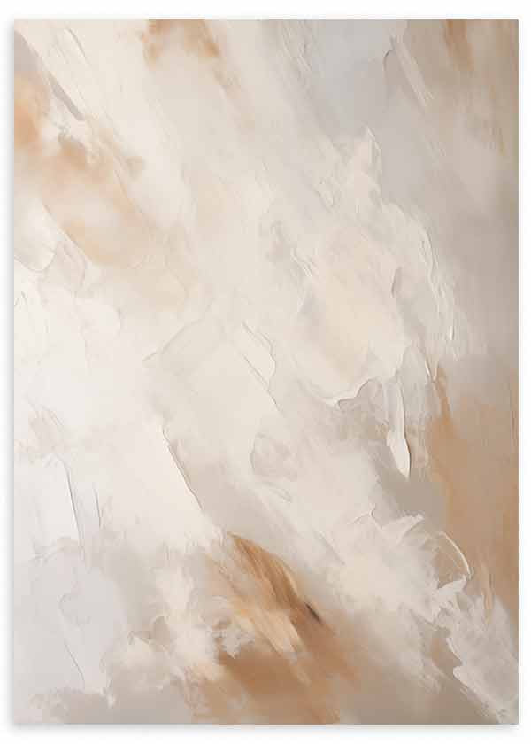 Quadro abstrato com manchas suaves, composição etérea e veladuras em bege, creme, areia e cinzento claro, num estilo contemporâneo depurado. Disponível em kudeko.com
