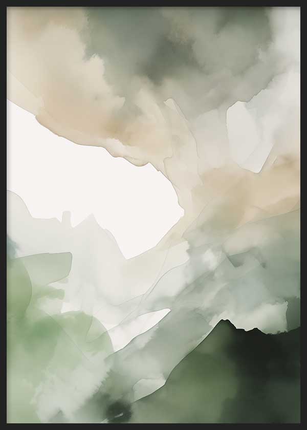 Cuadro con composición abstracta de formas etéreas en verde salvia, beige claro, blanco roto y gris suave, de estilo abstracto. Disponible en kudeko.com