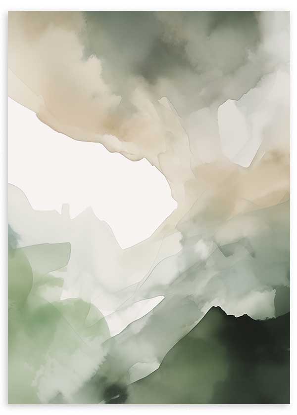 Quadro com composição abstrata de formas fluidas e sobrepostas em verde sálvia, bege, branco pérola e cinzento suave, num estilo contemporâneo depurado. Disponível em kudeko.com
