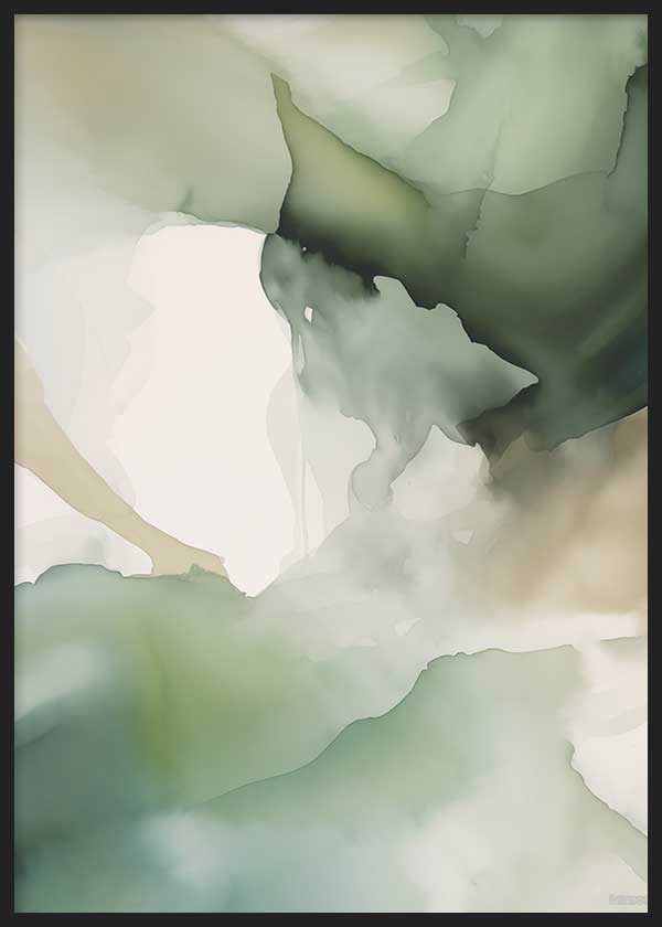 Cuadro con composición abstracta de formas fluidas en verde salvia, oliva, beige y gris suave, con acabado etéreo y estilo abstracto. Disponible en kudeko.com