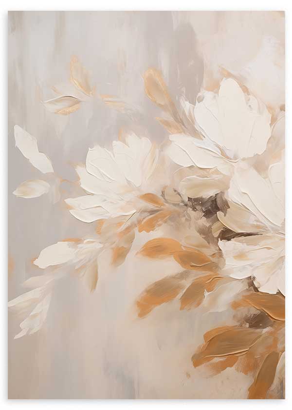 Quadro emoldurado com grandes flores em tons de creme, bege, taupe e caramelo, composição suave e estilo floral delicado para uma decoração de parede tranquila. Disponível em kudeko.com