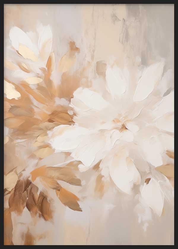 Cuadro de flores grandes en tonos crema, beige, blanco roto y caramelo suave, con composición etérea y estilo floral. Disponible en kudeko.com
