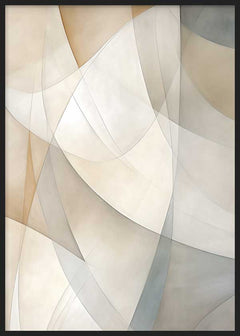 Cuadro con composición abstracta de curvas translúcidas superpuestas en beige, gris suave, blanco roto y azul grisáceo, de estilo geométrico. Disponible en kudeko.com