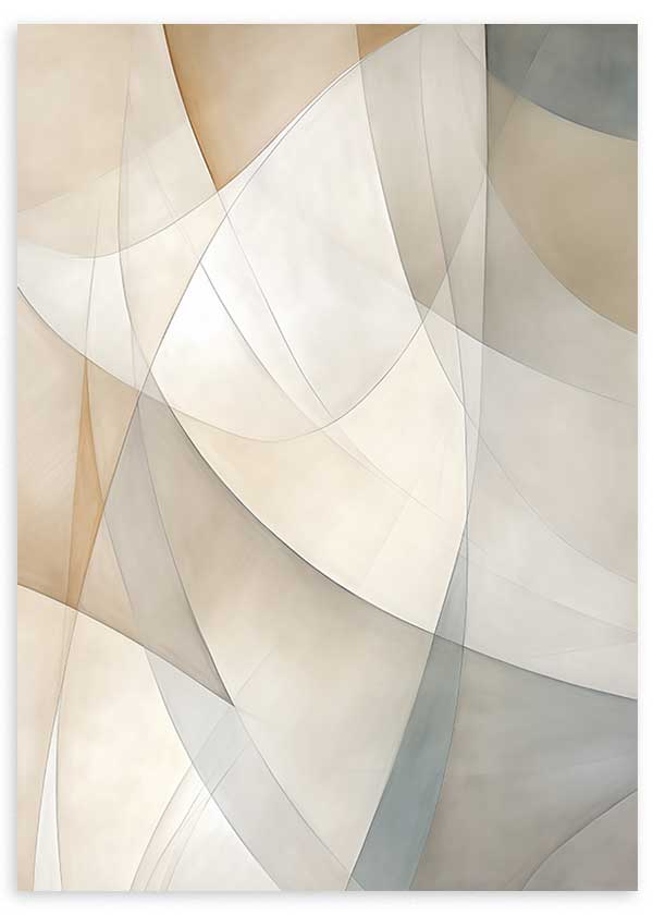 Tableau avec composition abstraite de courbes translucides superposées, en beige, gris perle, blanc cassé et bleu gris, dans un style géométrique épuré et équilibré. Disponible sur kudeko.com