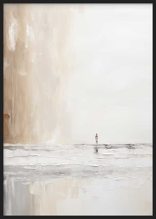 Wandbild mit einzelner Figur am Ufer, grauen Spiegelungen, sanft beigem Hintergrund, großzügigen hellen Flächen und minimalistischem Stil in neutralen Farben. Erhältlich auf kudeko.com