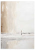Cuadro de figura solitaria en la orilla con reflejos grises, fondo beige suave, amplio espacio claro y estilo minimalista. Disponible en kudeko.com