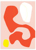 Cuadro con formas orgánicas abstractas en rojo anaranjado, blanco y amarillo sobre fondo rosa suave, con líneas curvas finas y estilo abstracto. Disponible en kudeko.com
