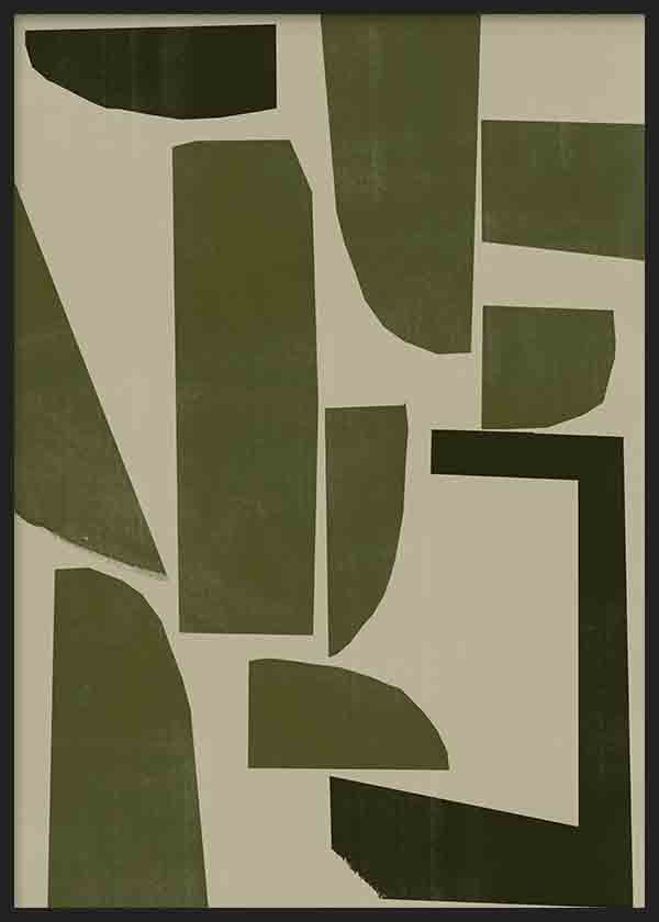 Wandbild mit unregelmäßigen abstrakten Formen in Olivgrün, Moosgrün und hellem Beige, klare Komposition im zeitgenössischen minimalistischen Stil. Erhältlich auf kudeko.com