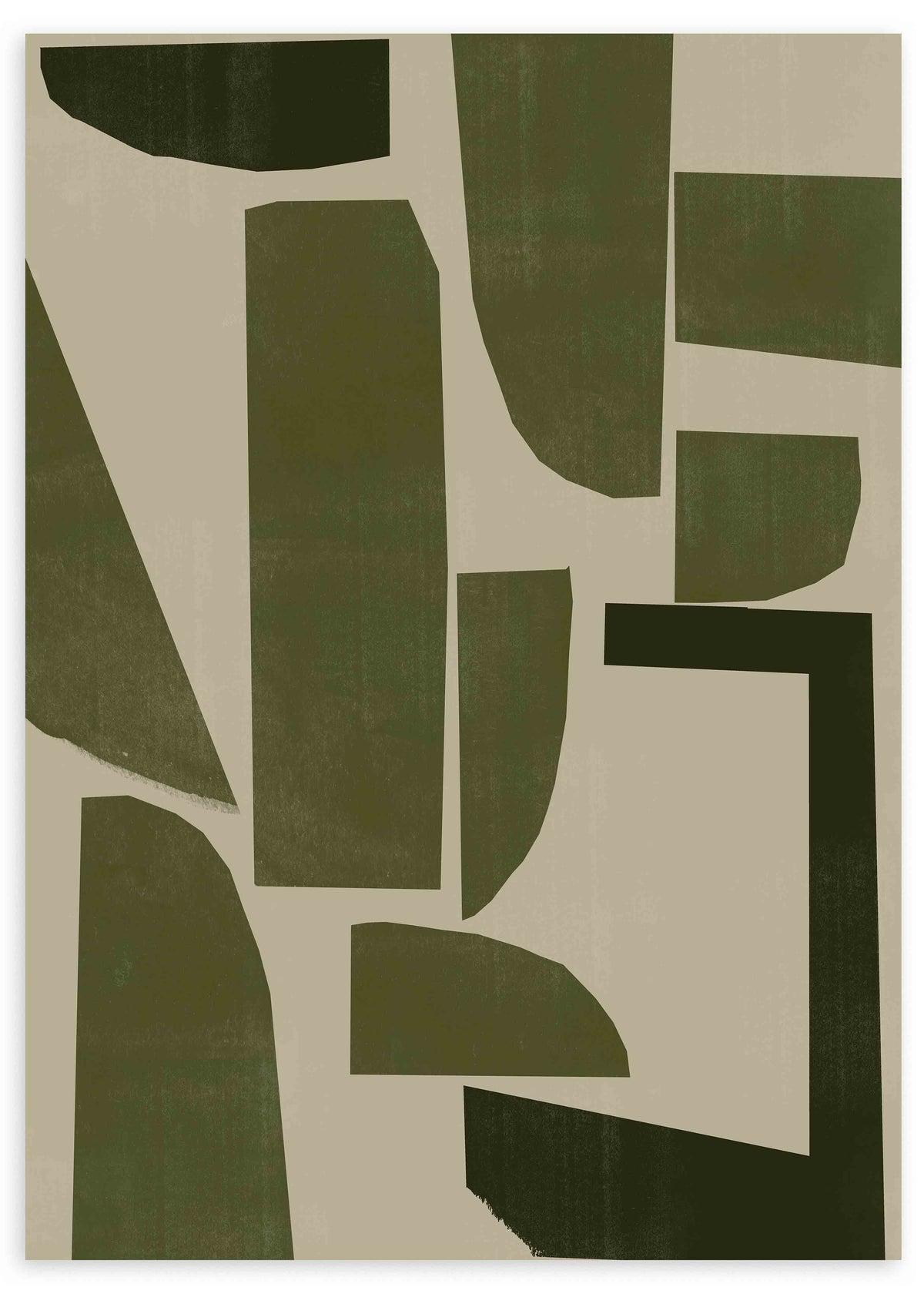 Cuadro con formas abstractas irregulares en verde oliva, verde musgo y beige claro, de composición limpia y estilo abstracto. Disponible en kudeko.com