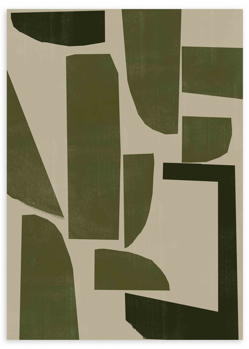 Cuadro con formas abstractas irregulares en verde oliva, verde musgo y beige claro, de composición limpia y estilo abstracto. Disponible en kudeko.com