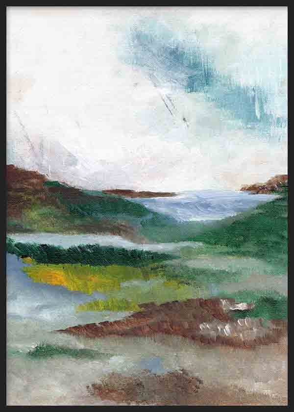 Cuadro con paisaje abstracto de colinas, agua y niebla en tonos verdes, azules, blancos y tierra, de estilo naturaleza y paisajes. Disponible en kudeko.com