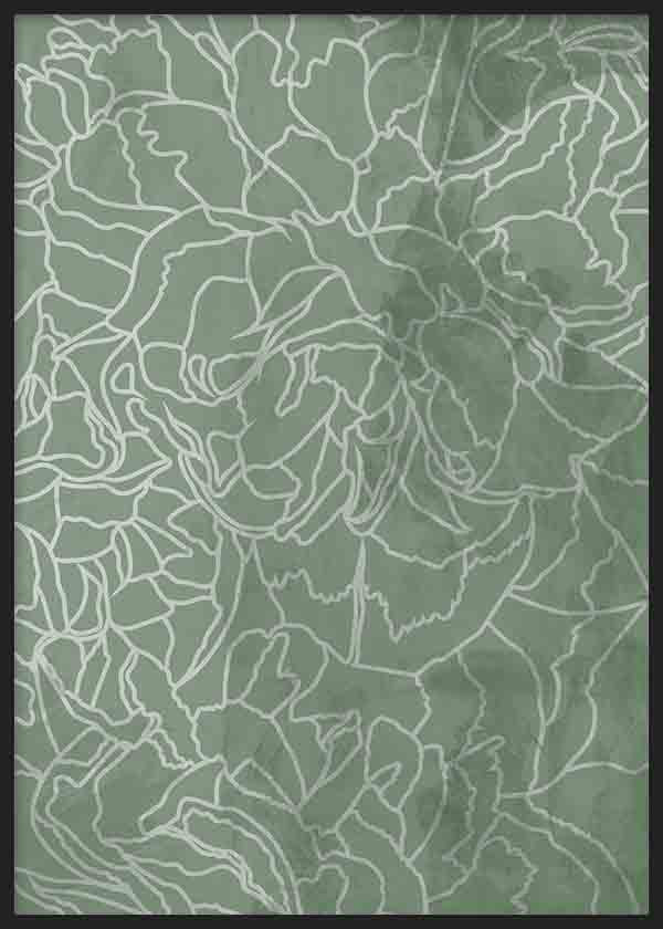 Quadro de flores delineadas a branco sobre fundo verde sálvia, composição botânica de grande formato com estilo floral sereno e linhas suaves. Disponível em kudeko.com