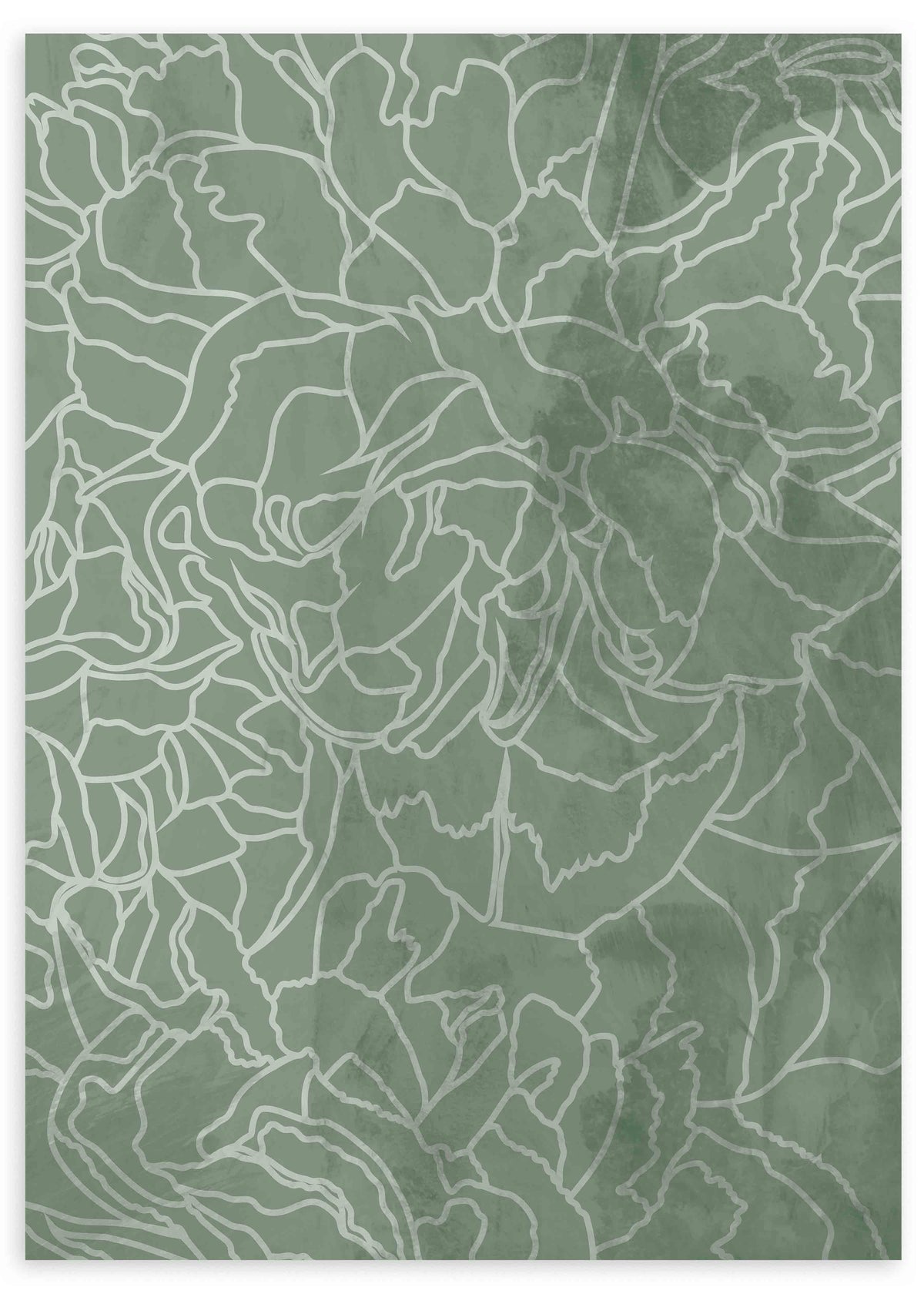 Cuadro de flores delineadas en blanco sobre fondo verde salvia, composición botánica de gran formato y estilo floral sereno. Disponible en kudeko.com