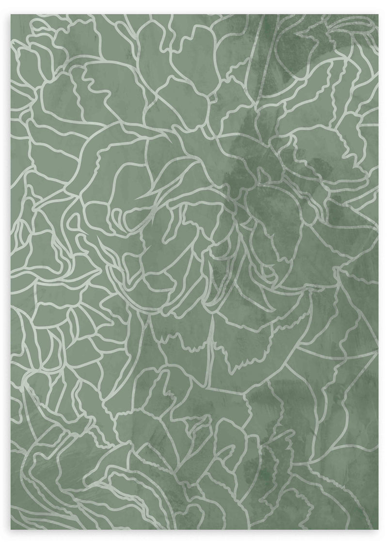 Cuadro de flores delineadas en blanco sobre fondo verde salvia, composición botánica de gran formato y estilo floral sereno. Disponible en kudeko.com